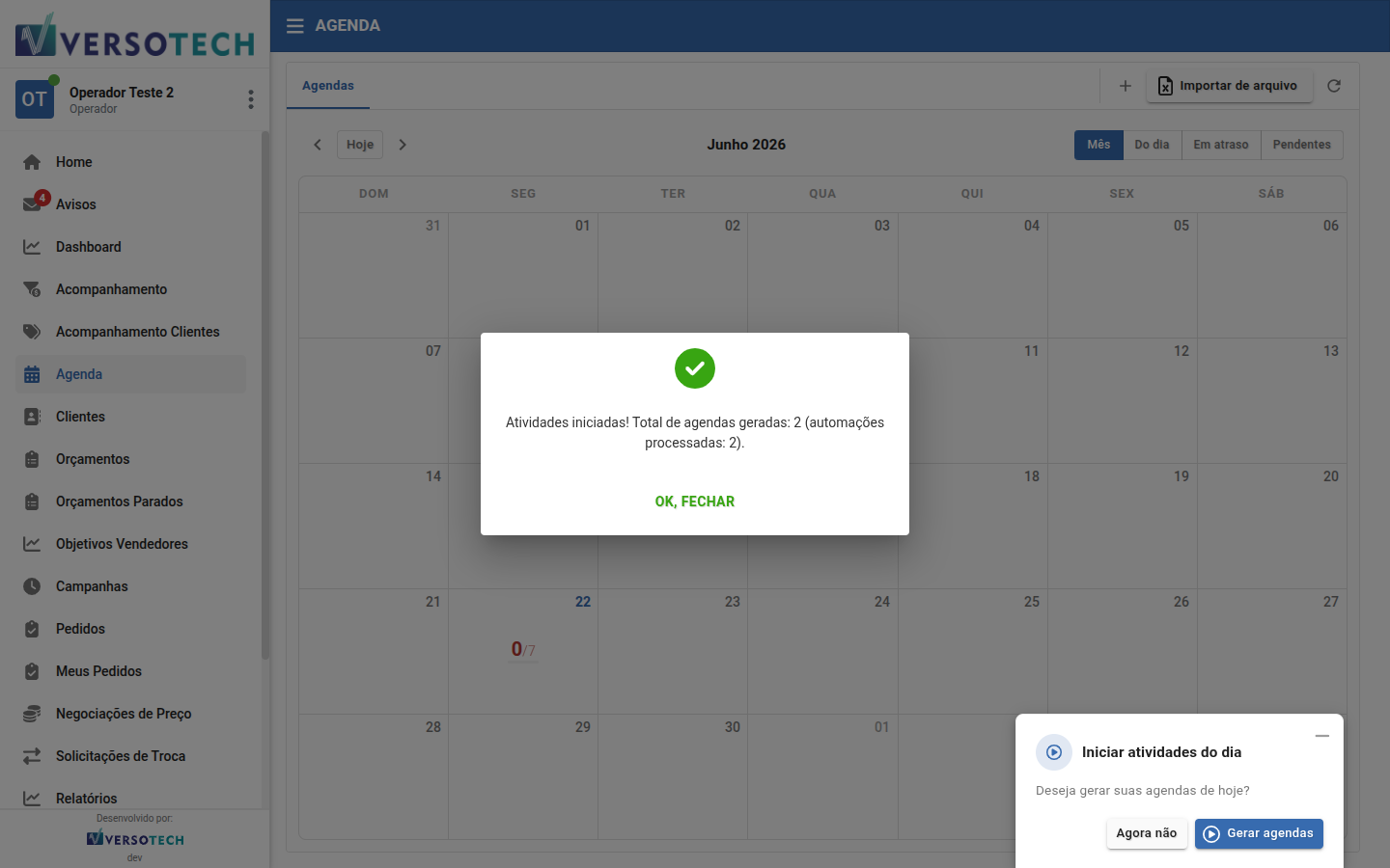 Mensagem de sucesso após gerar agendas, mostrando total de agendas geradas e automações processadas