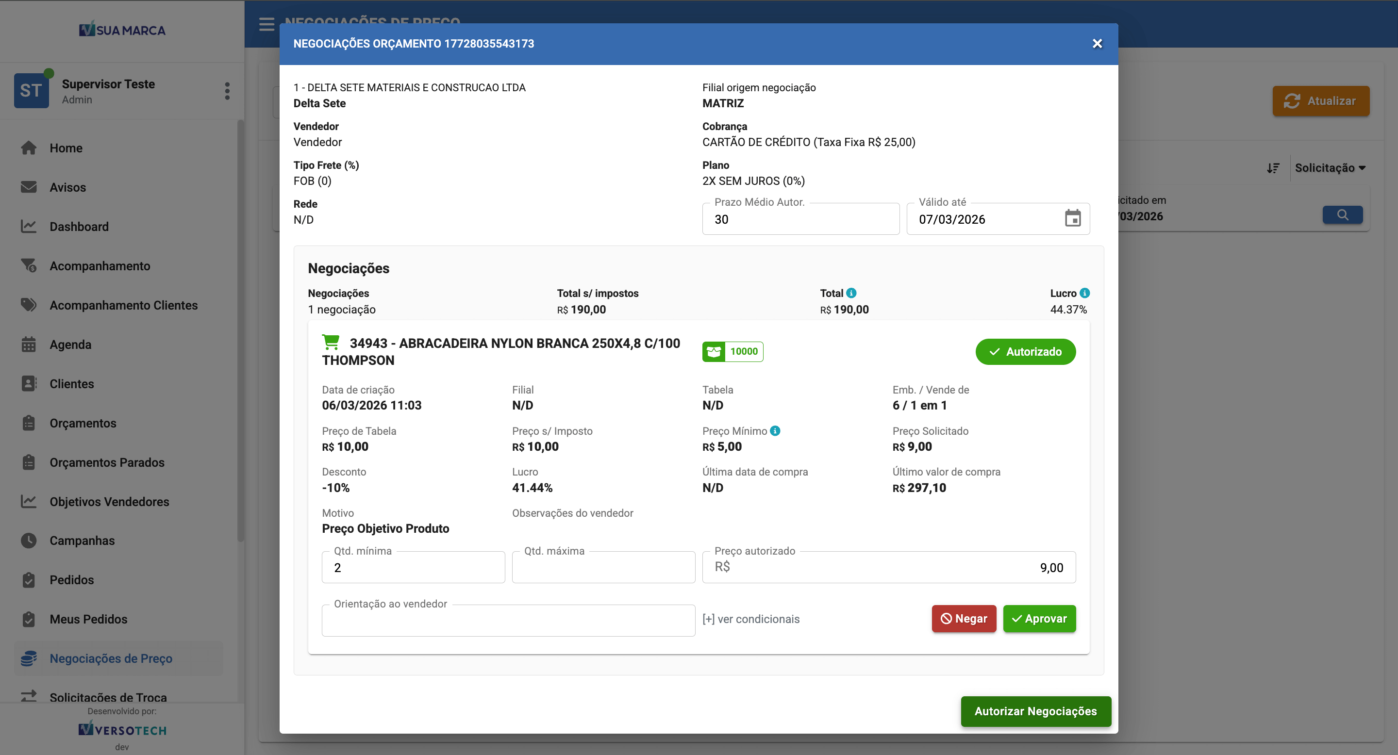 Screenshot VersoCall - Aprovação de Negociação de Preço