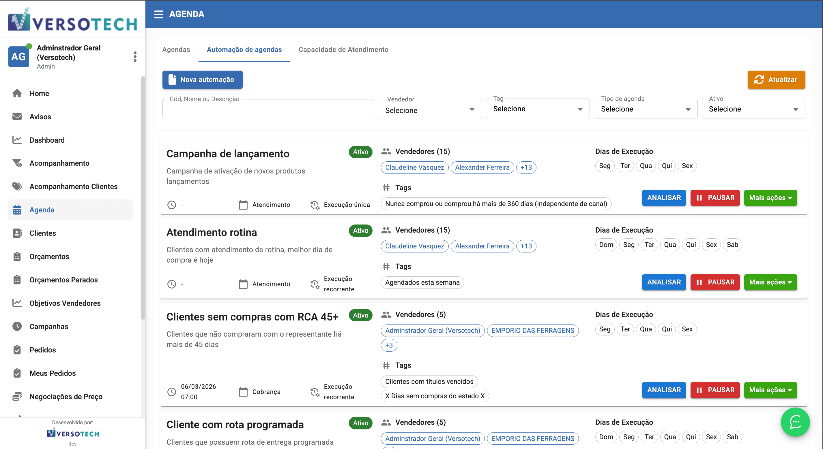 Screenshot VersoCall - Automação de Agendas