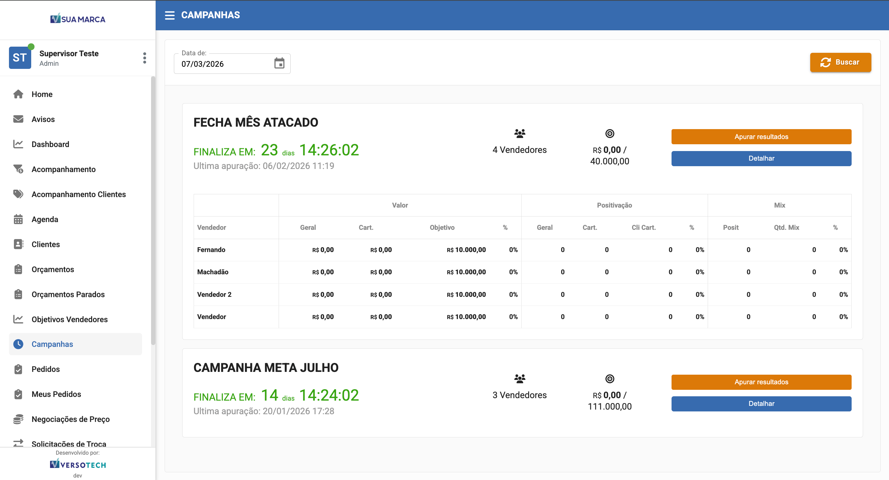 Screenshot VersoCall - Campanhas e Metas por Vendedor
