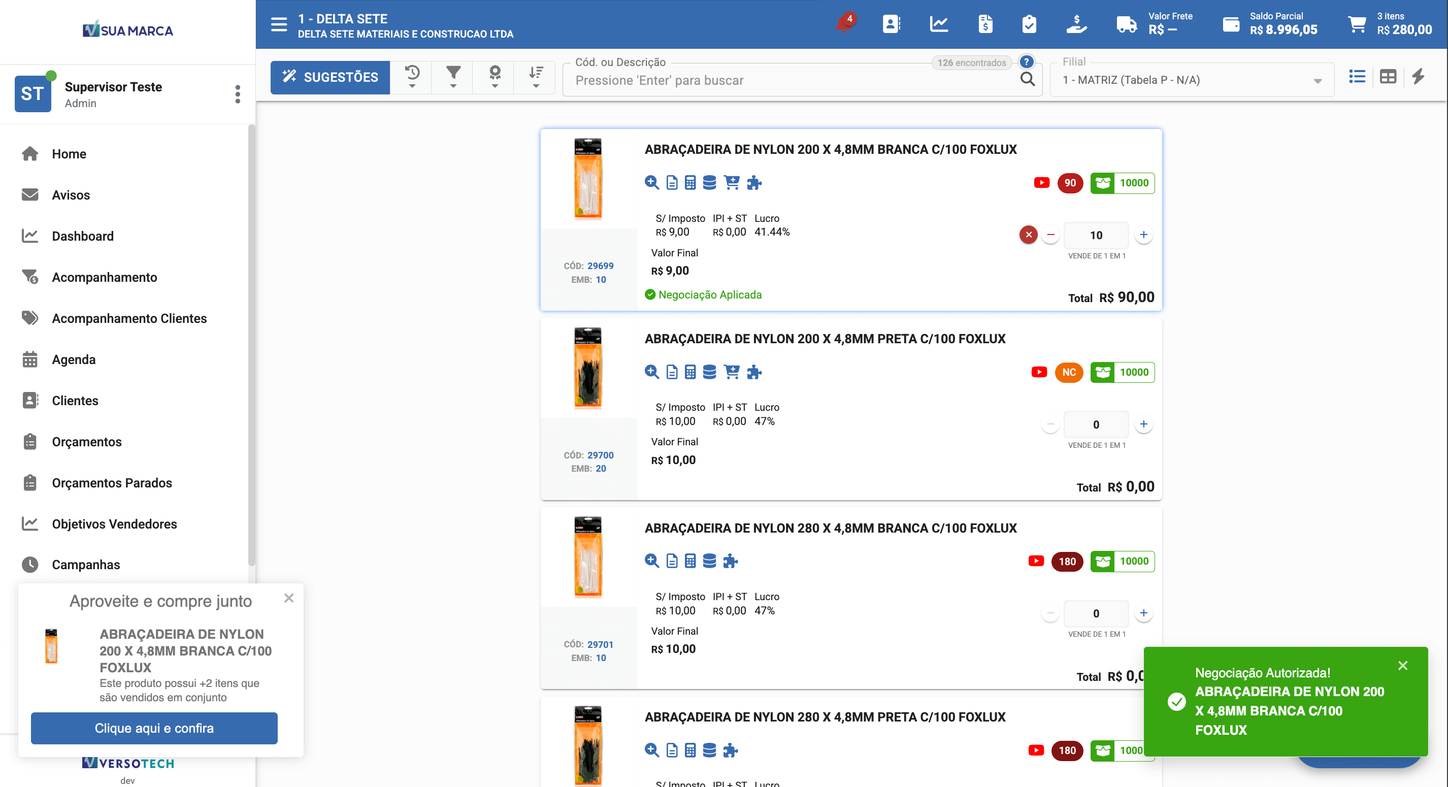 Screenshot VersoCall - Negociação Autorizada no Pedido