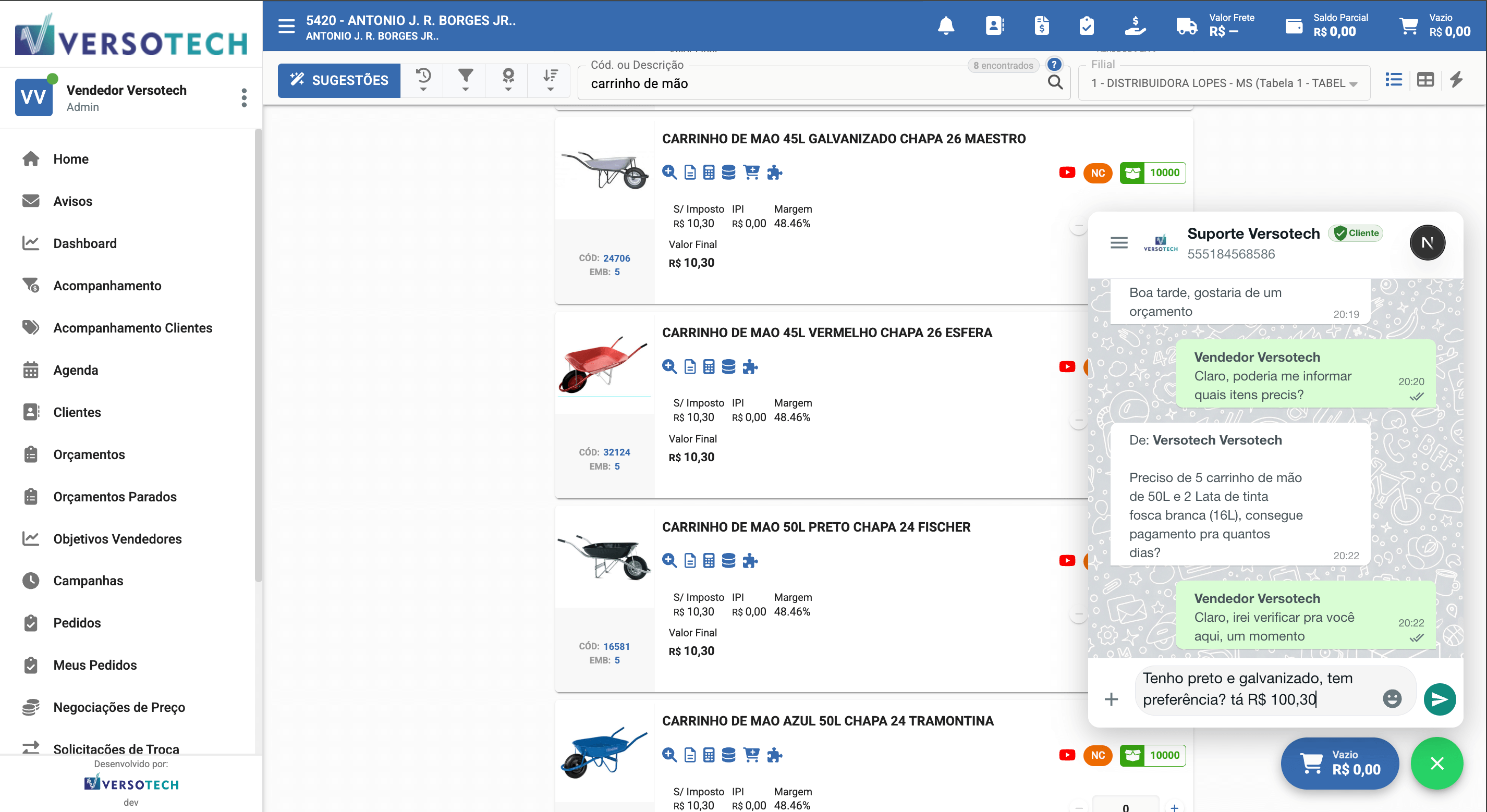 Screenshot VersoCall - Tela de Vendas com Chat WhatsApp