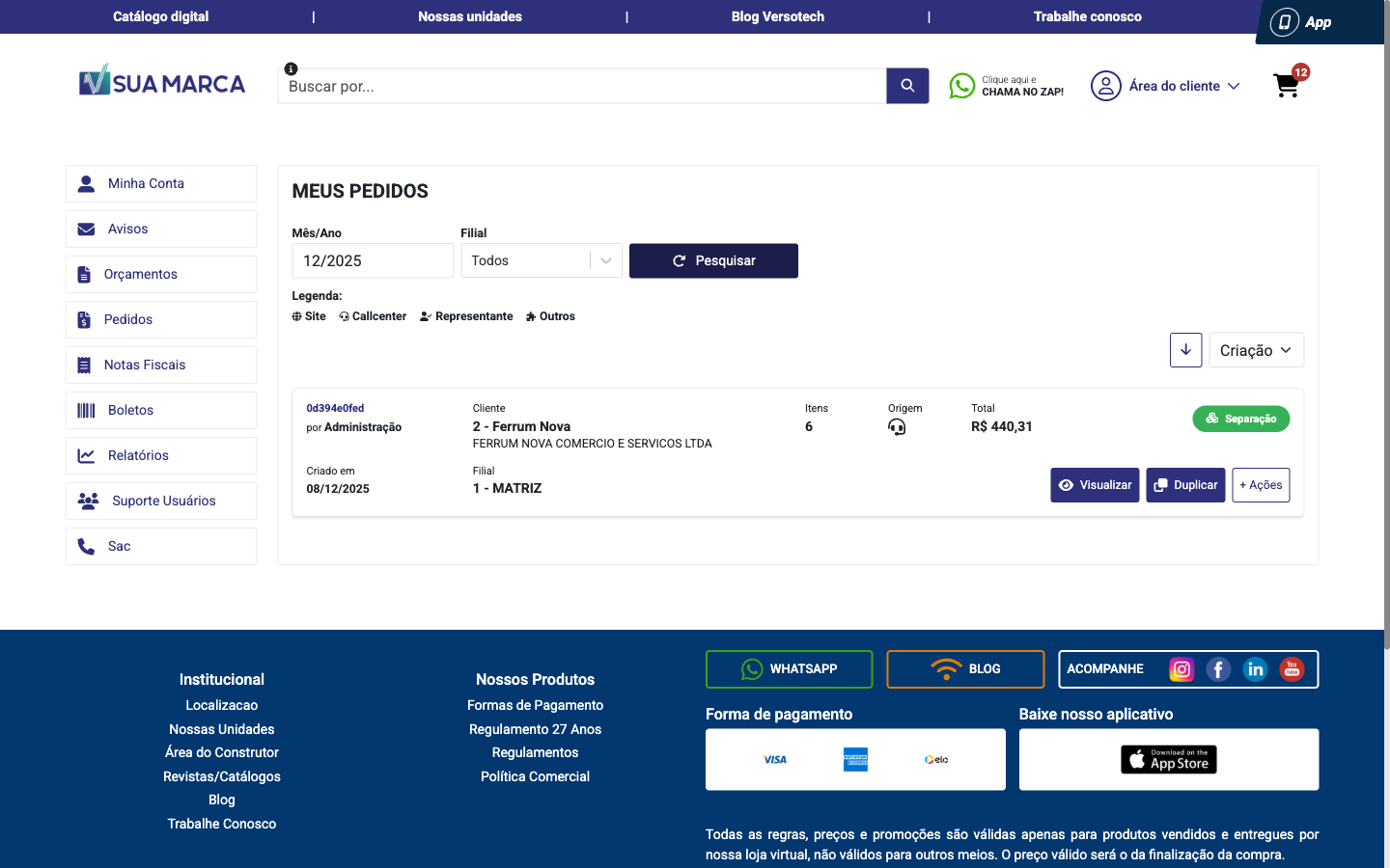 Screenshot VersoCommerce - Área do Cliente