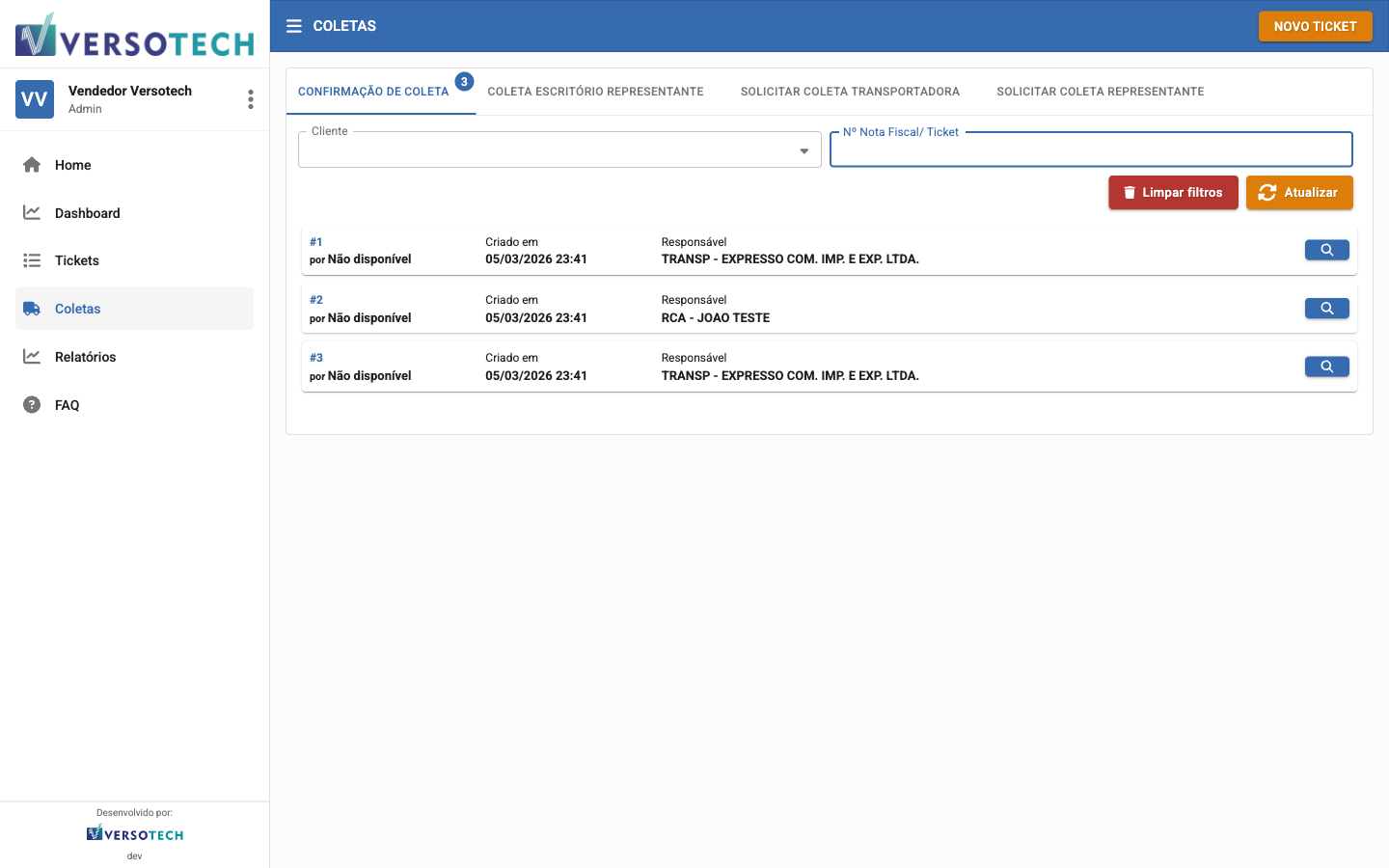 Screenshot VersoSAC - Gestão de Coletas