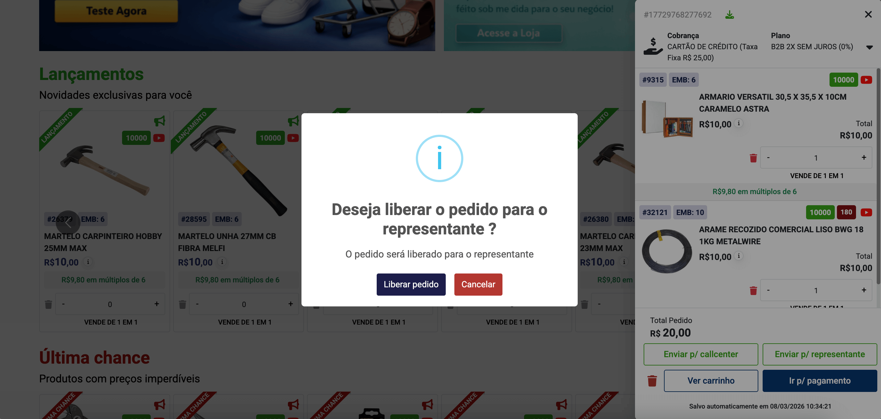 Screenshot VersoVendas - Cliente libera pedido no e-commerce