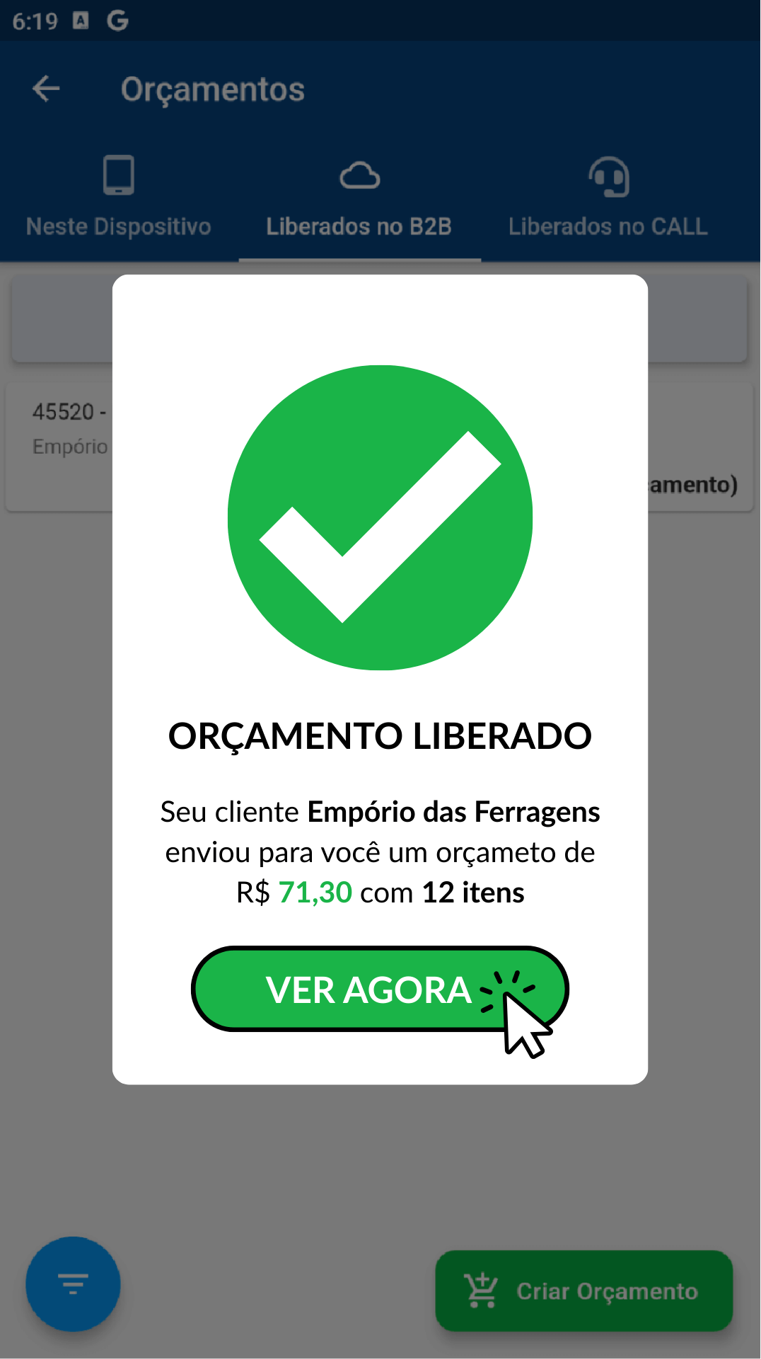Screenshot VersoVendas - Pedido liberado no app