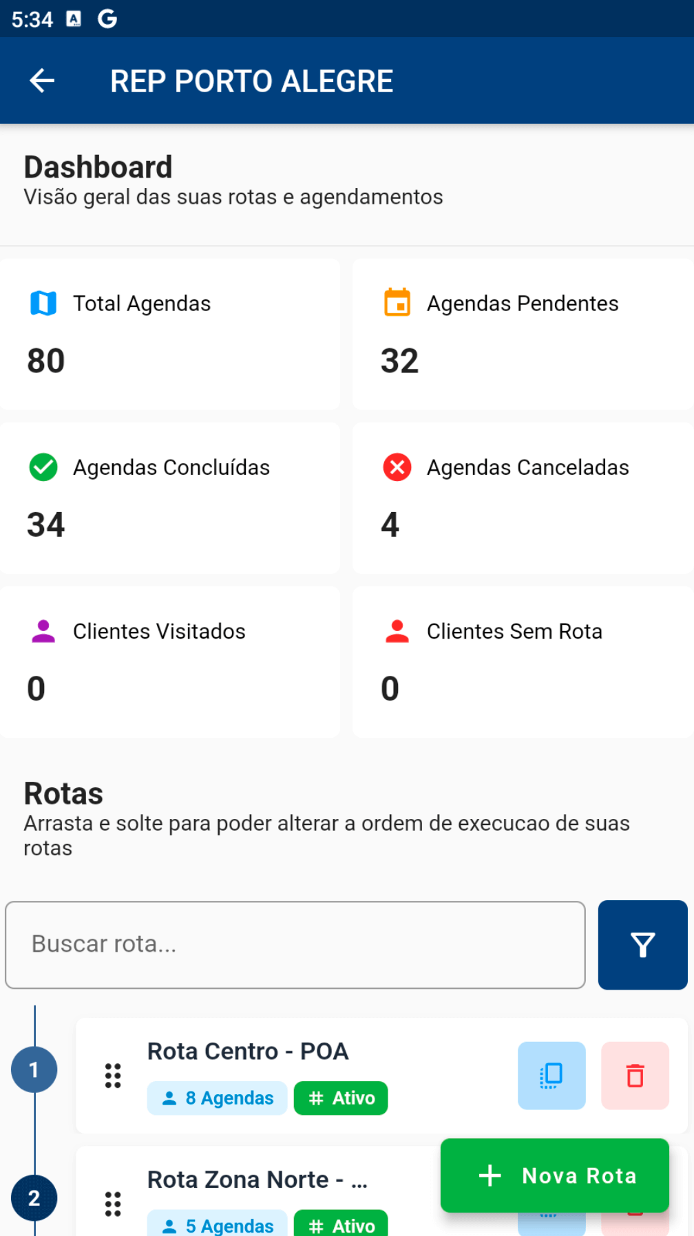 Screenshot VersoVendas - Dashboard de Rotas