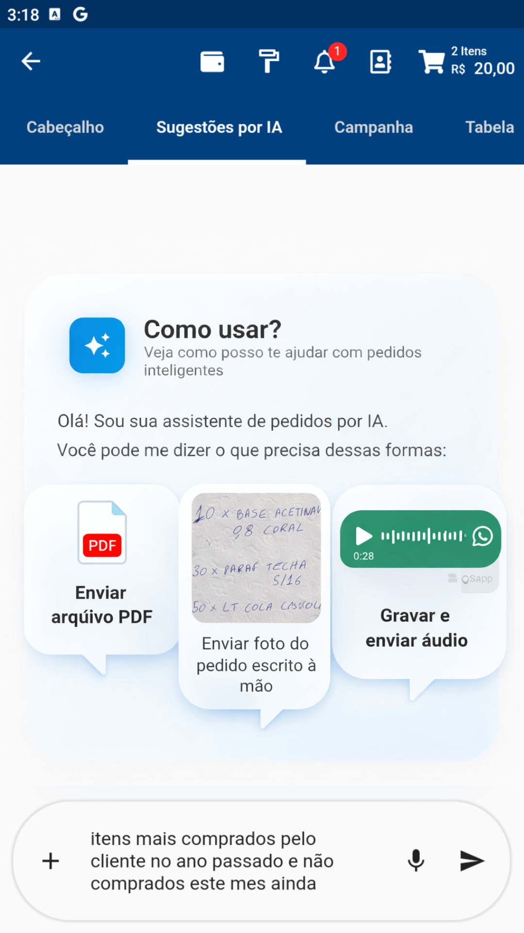 Screenshot VersoVendas - Pedido IA Inputs