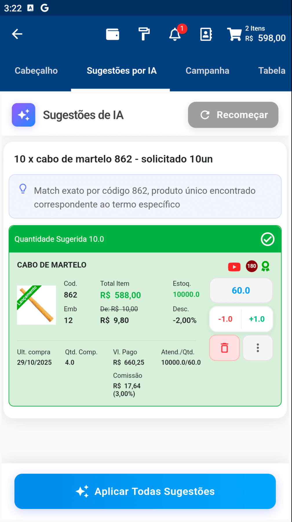 Screenshot VersoVendas - Sugestão IA Lista